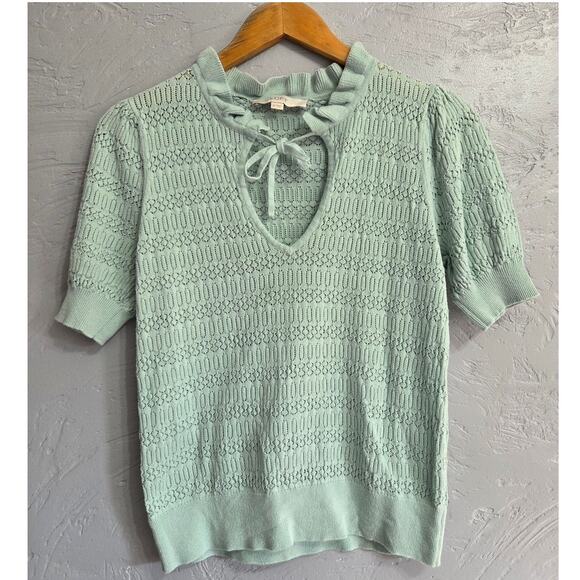 LOFT Woman's Light Blue Open Neck Short Sleeved Sweater Size Medium - Picture 3 of 7